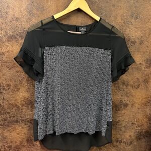 Worthington Women's Large‎ Black Polka Dot Flutter Sleeve Sheer Upper Bodice